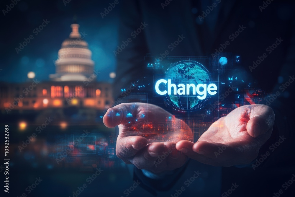 In a symbolic display, hands gently cradle a digital globe with the word change illuminated, evoking themes of transformation amidst a prominent government building at night.