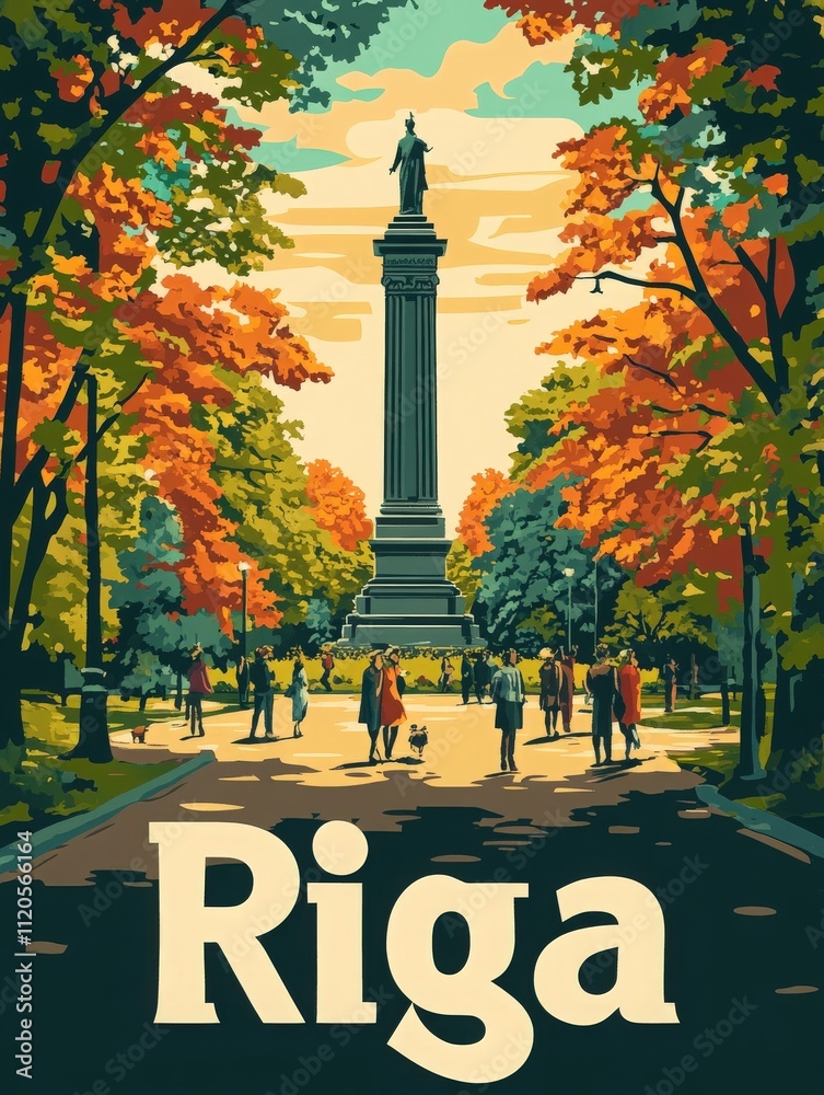 In a vibrant park in Riga, people stroll among colorful autumn foliage while a tall monument stands prominently in the background. The warm colors of fall enhance the atmosphere.