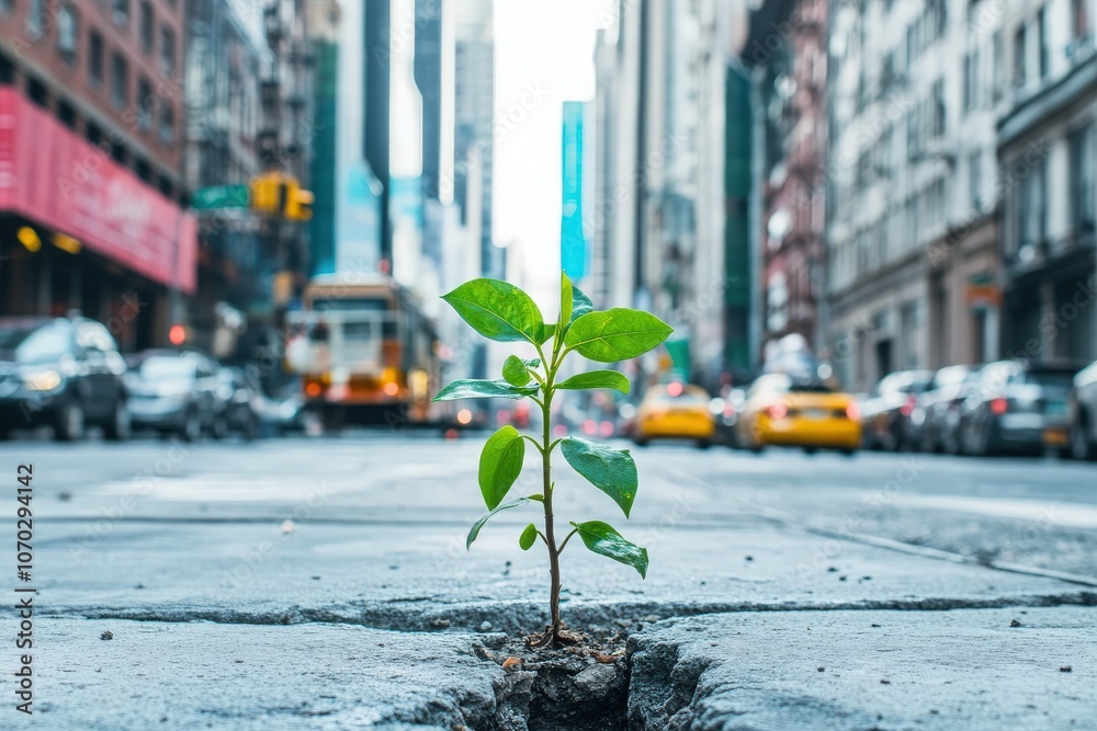 In a vibrant urban setting, a resilient green plant pushes its way through a crack in the concrete, symbolizing natures perseverance even in the midst of busy city life.