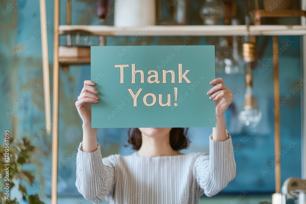 In a warmly decorated room, a person stands with a teal sign displaying Thank You! The background features plants, wooden shelves, and soft lighting, creating an inviting atmosphere.