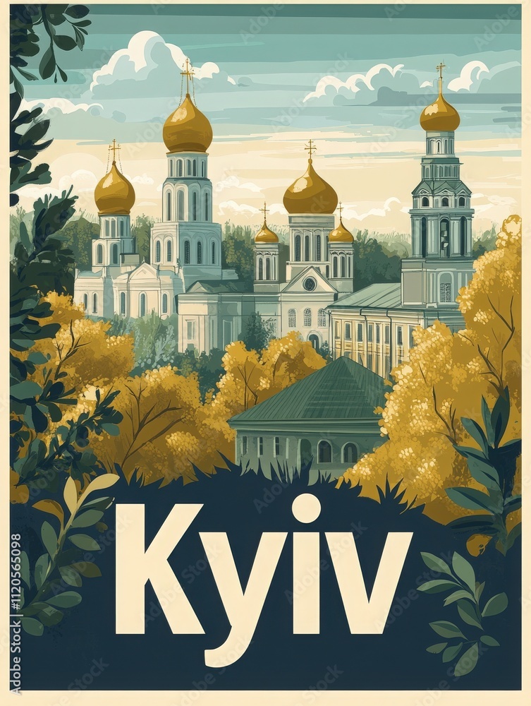 In the heart of Kyiv, golden domes of historic churches rise above lush autumn trees, creating a picturesque landscape. The sky is partly cloudy, adding depth to the serene setting.