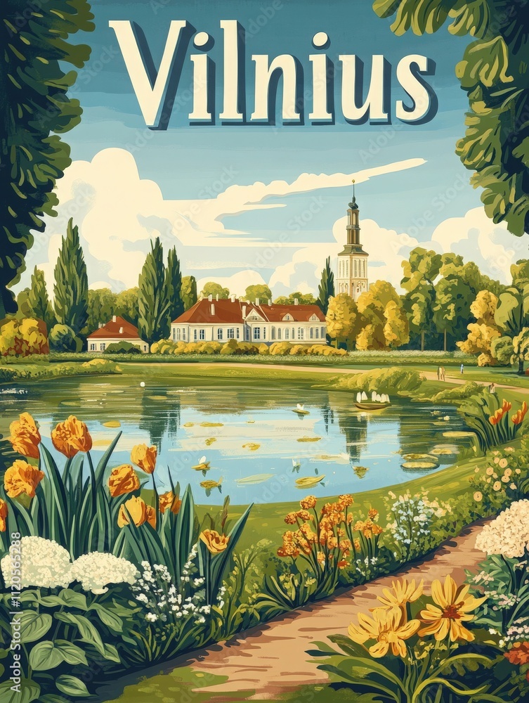 In this picturesque setting, vibrant flowers bloom along a tranquil lake in Vilnius. A majestic building and a tower stand in the background, showcasing the citys charm and greenery.