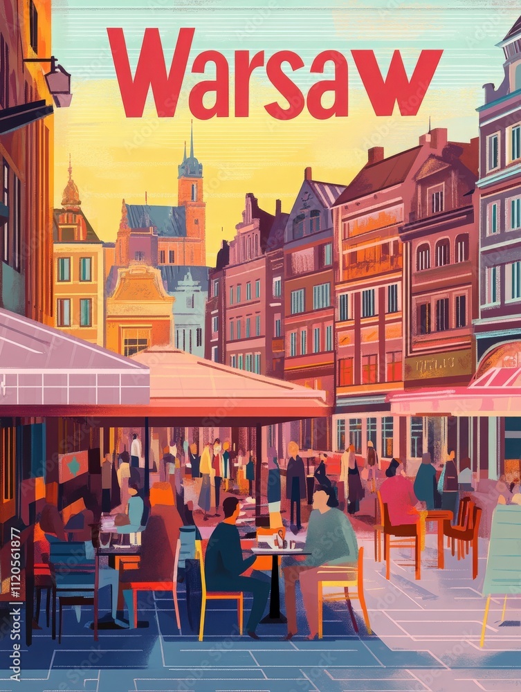 In warm sunlight, people gather at outdoor cafes in vibrant Warsaw. Colorful buildings line the street, highlighting the citys historical charm and lively atmosphere.