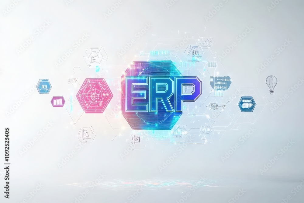 Innovative depiction of an ERP system featuring vibrant colors and digital icons representing various business processes, showcasing the integration of technology in management solutions.