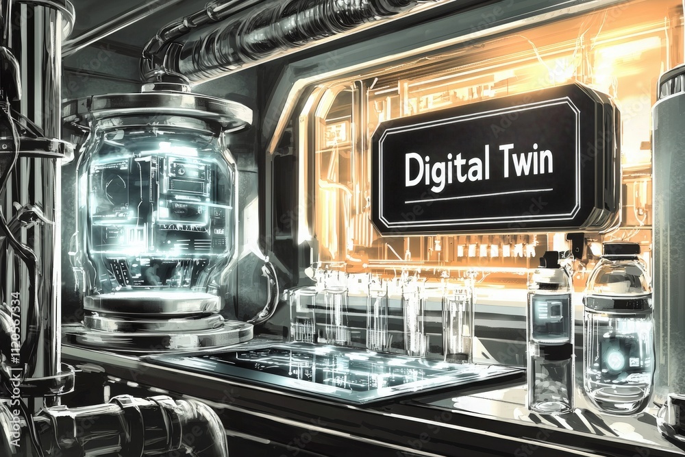 Inside a high-tech laboratory, various glass containers and advanced equipment highlight the concept of digital twins. Bright displays illuminate the workspace, showcasing innovation and research.