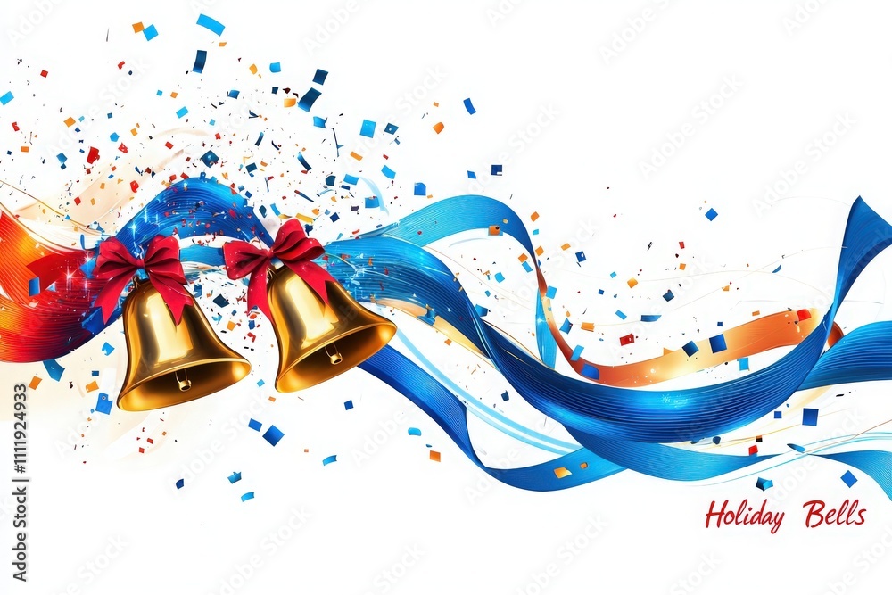 Joyful holiday bells adorned with vibrant ribbons and confetti create a festive atmosphere. This cheerful display symbolizes celebration and joy during the holiday season.