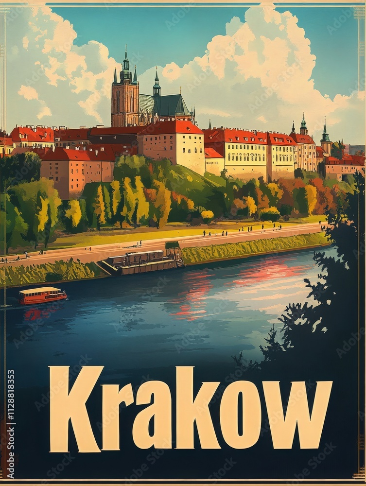 Krakow boasts stunning views along the Vistula River, featuring impressive historical buildings and lush greenery. The vibrant colors highlight the citys architectural beauty under a clear sky.