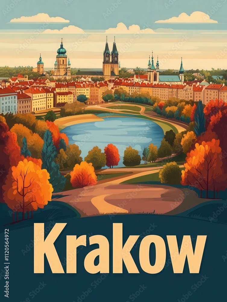 Krakow offers a stunning view during autumn, featuring historic buildings that line a river, surrounded by vibrant foliage. The warm colors enhance the citys charm and beauty.