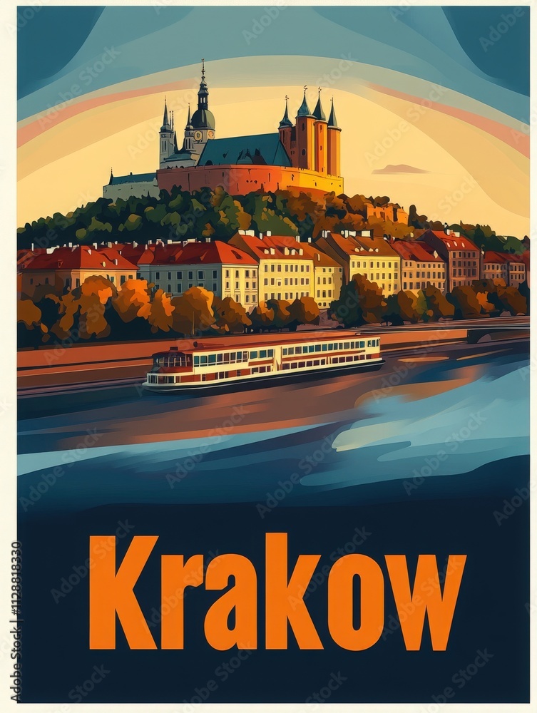 Krakow showcases its stunning castle perched on a hill, surrounded by colorful buildings alongside the river. A boat glides smoothly on the water, enhancing the picturesque view during sunset.