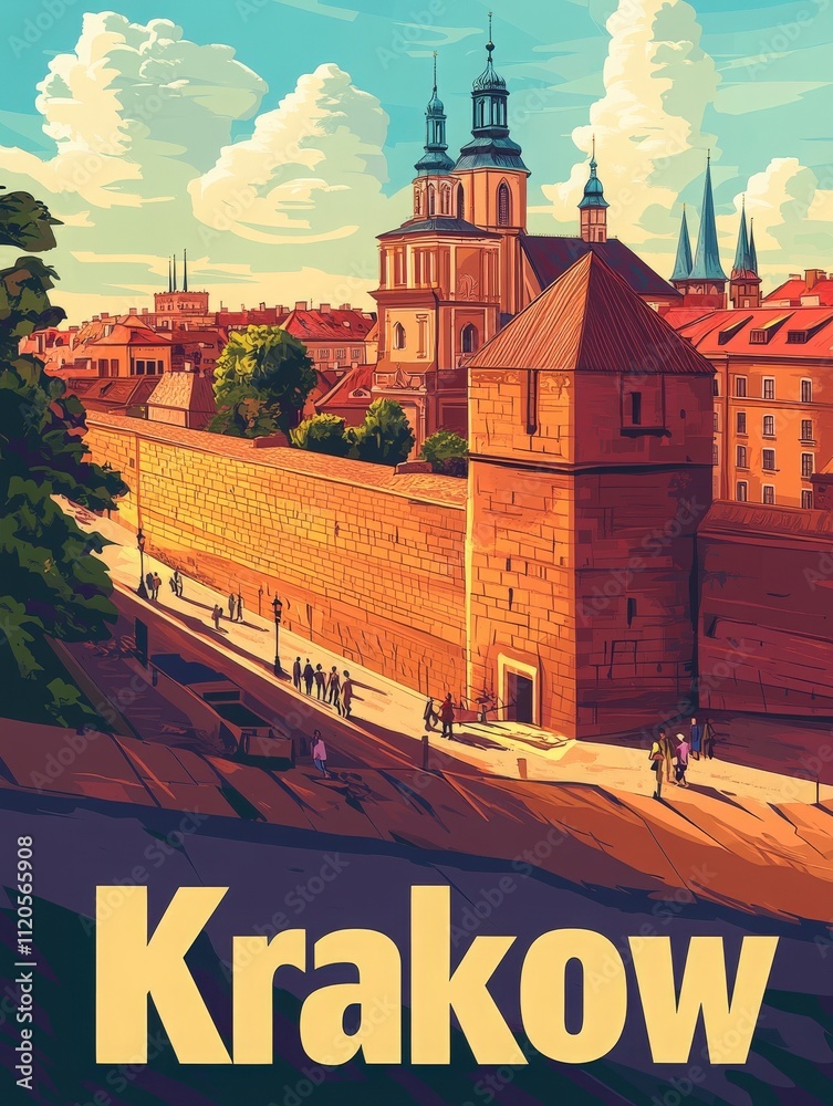 Krakows stunning skyline features historic buildings, brick walls, and lively streets filled with people. The warm colors reflect a vibrant atmosphere, typical of a sunny day in the city.