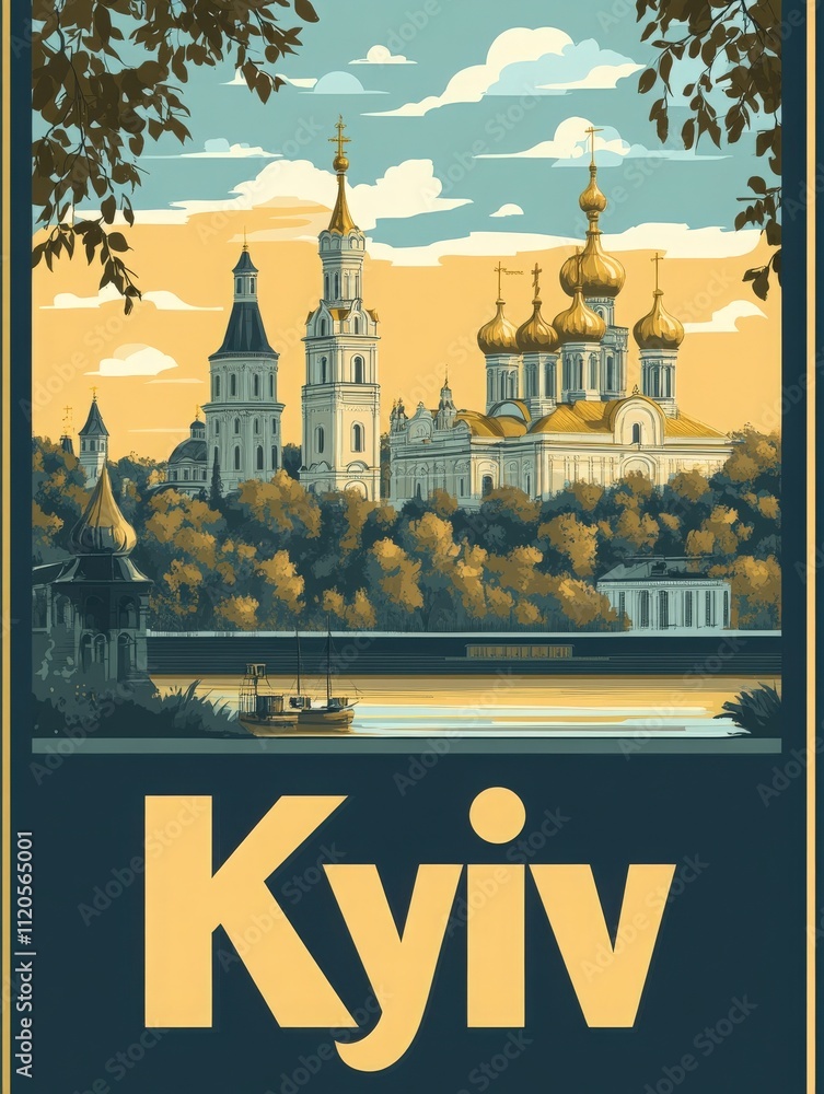 Kyivs stunning skyline features golden domes and spires reflecting against the calm river. A small boat glides by as the sun sets, casting warm colors over the historic buildings and trees.