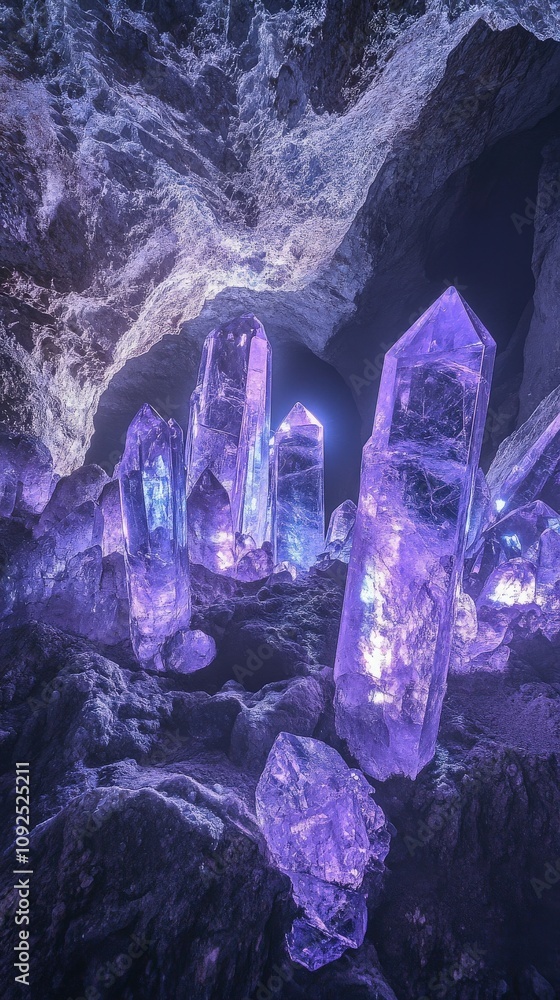 Large purple crystals emerge from the cave floor, bathed in soft light. The jagged formations contrast with the dark cave surroundings, creating a mystical atmosphere at dusk.