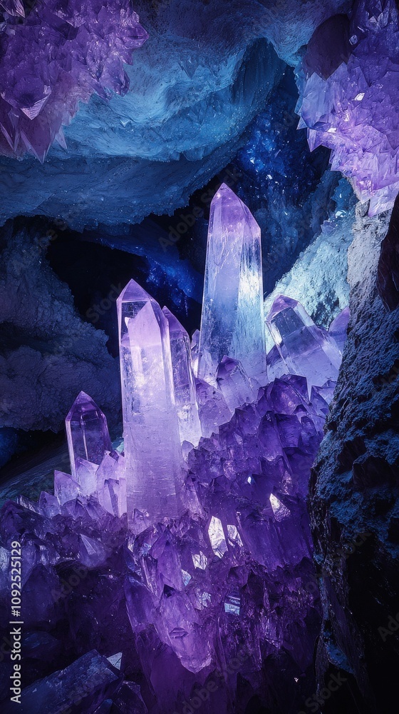 Lavender and purple crystalline structures emerge from rocky surfaces, shimmering under soft natural light within a stunning cave. The contrast highlights their geological beauty.