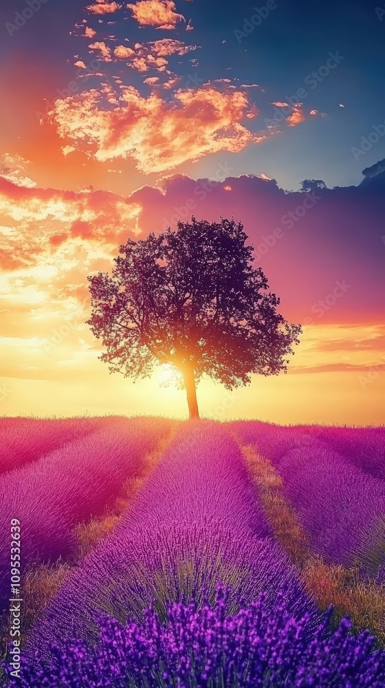 Lavender fields bloom vibrantly under a sunset sky filled with hues of orange, purple, and blue. A solitary tree stands gracefully in the midst, framed by the colorful horizon.