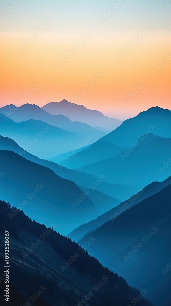 Layers of mountains create a serene landscape at sunset, showcasing soft blue hues and gentle gradients in the sky. The tranquil atmosphere invites reflection and peace.