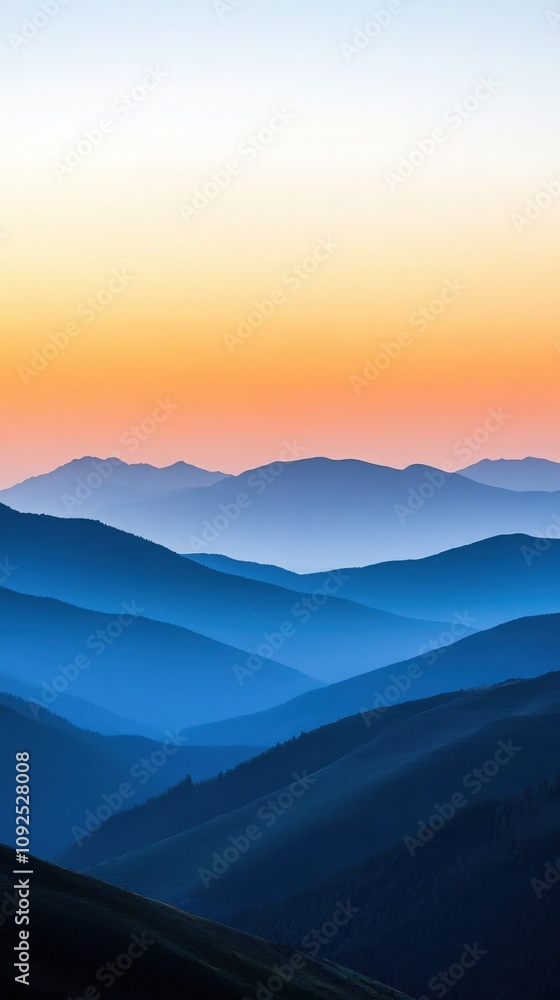 Layers of mountains stretch across the landscape during dawn, with soft blue tones gradually transitioning into warm orange shades in the sky. The serene atmosphere showcases natures beauty.