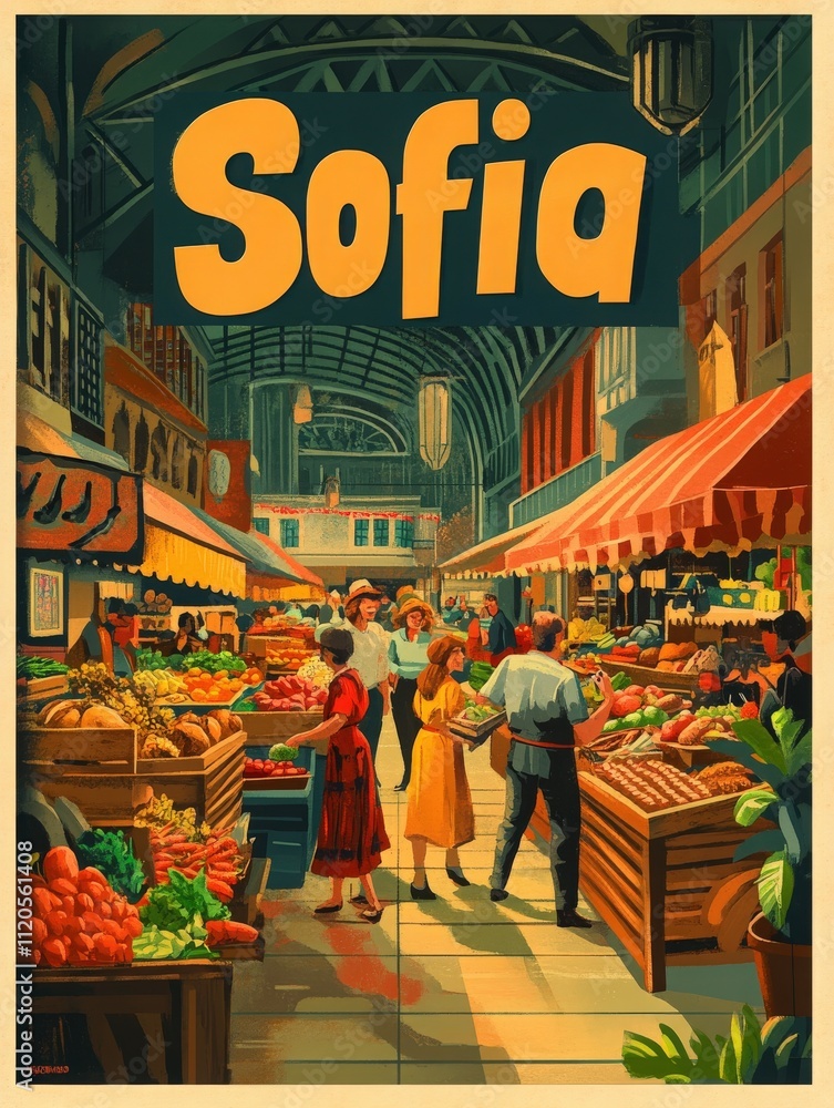Lively market in Sofia filled with colorful stalls offering fresh fruits and vegetables. People interact with vendors, creating a vibrant atmosphere during the day.