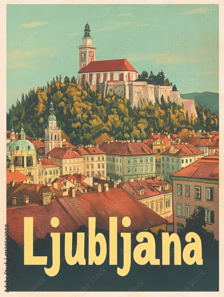 Ljubljana showcases its beautiful architecture and rich history, highlighted by the castle perched on a hill. The quaint rooftops and vibrant greenery offer a picturesque view of the city.