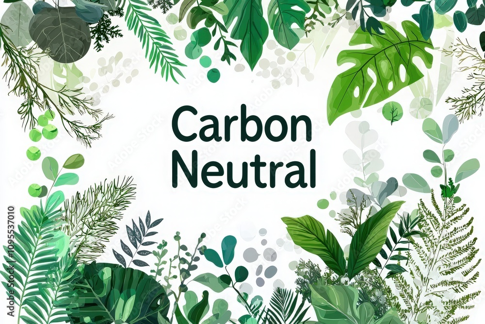 Lush green leaves and plants surround the phrase carbon neutral, emphasizing eco-friendliness and sustainability. The vibrant greenery highlights the importance of environmental conservation.