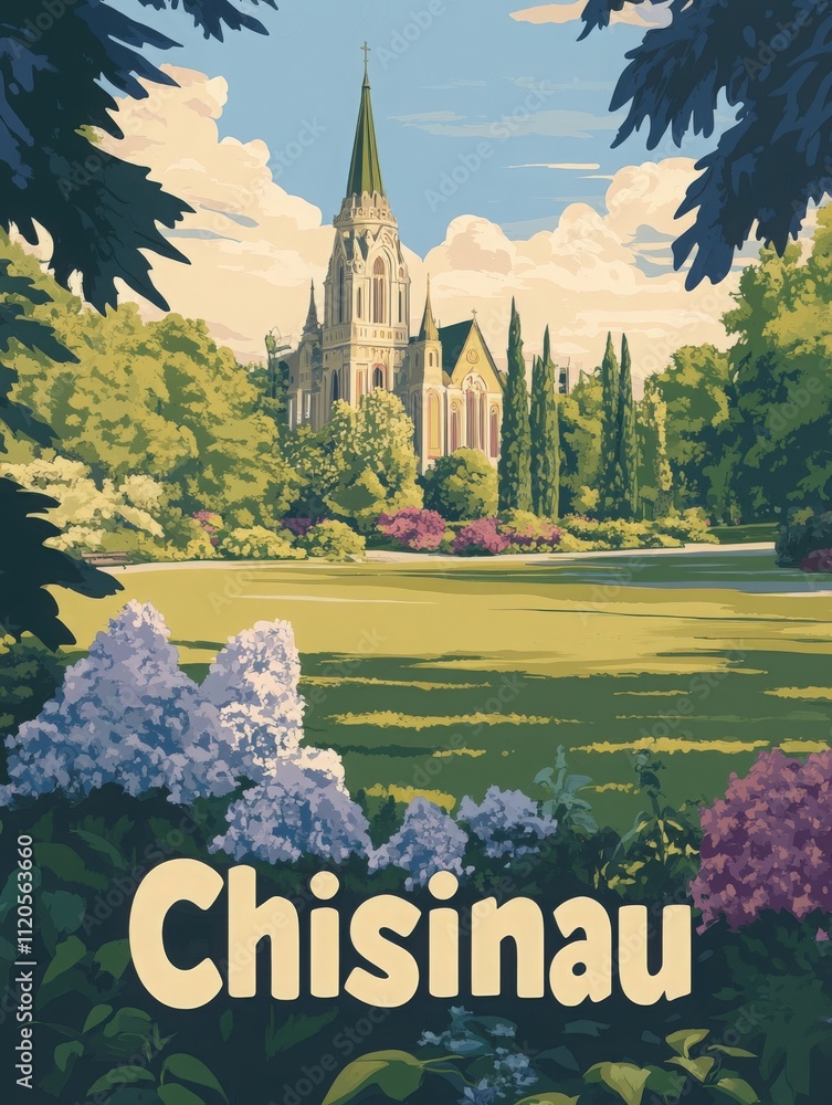 Lush green park with colorful flowers surrounding a stunning church in Chisinau. The bright sky and magnificent trees enhance the serene atmosphere, inviting visitors to explore and relax.