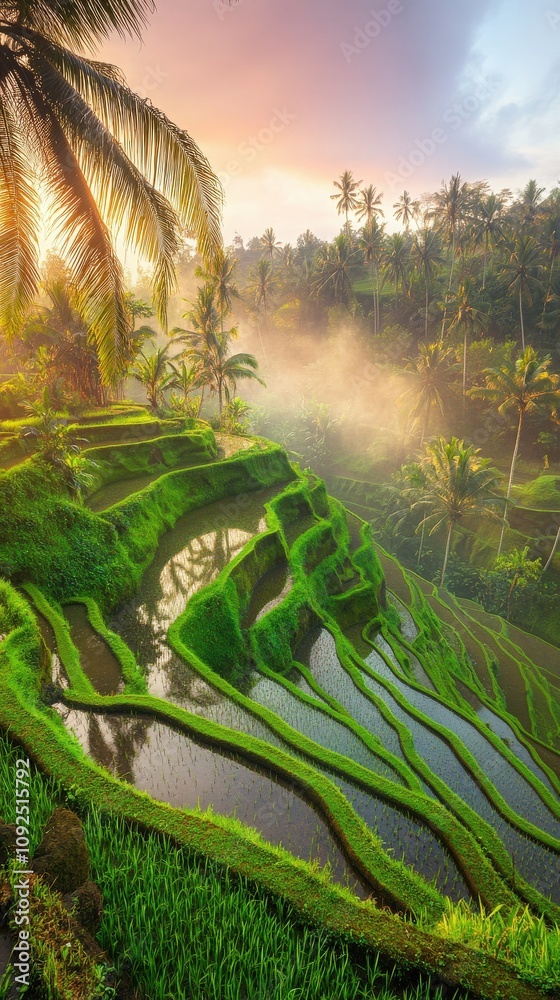 Lush green terraced rice fields are illuminated by a golden sunrise in Bali, Indonesia. Mist lingers over the landscape, creating a serene and tranquil atmosphere.