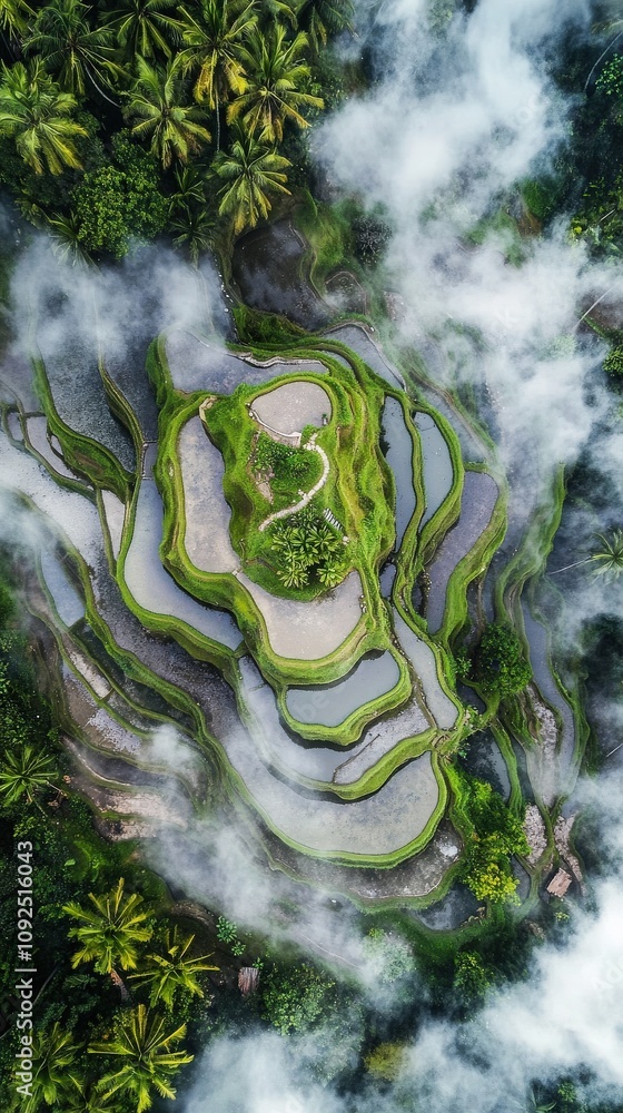 Lush green terraces of rice fields are beautifully arranged on a hillside. Ethereal mist blankets the area, enhancing the natural beauty of this tropical location in the early morning.