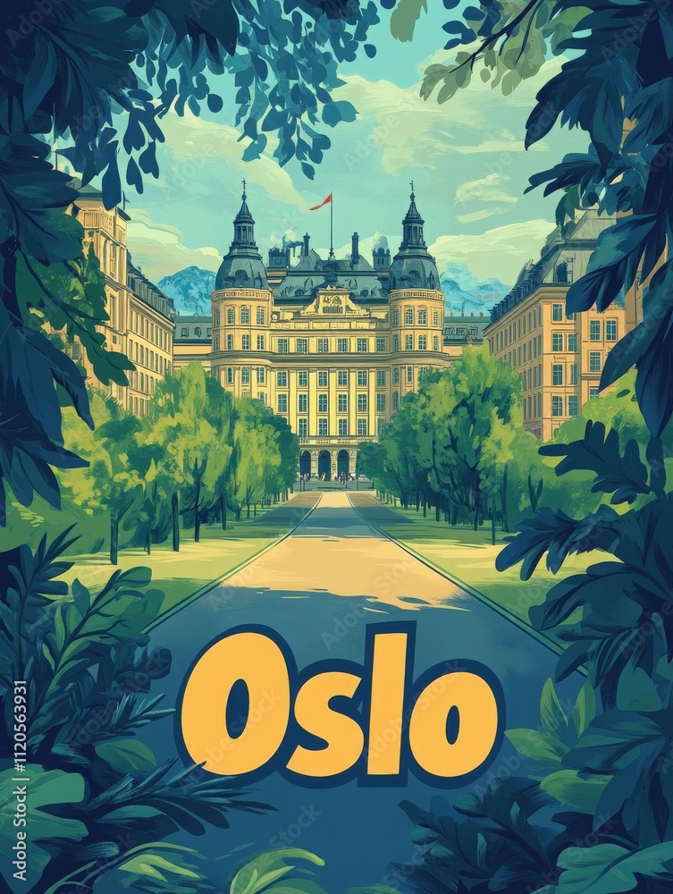 Lush greenery frames a beautiful view of Oslos grand buildings. The majestic architecture stands out under a clear sky, highlighting the citys charm and vibrant atmosphere.