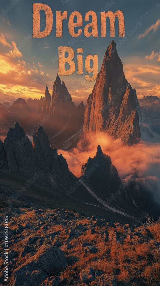 Majestic mountains rise against a vibrant sunset sky filled with clouds. The scene conveys a sense of tranquility and inspiration, inviting thoughts of ambition and dreams.