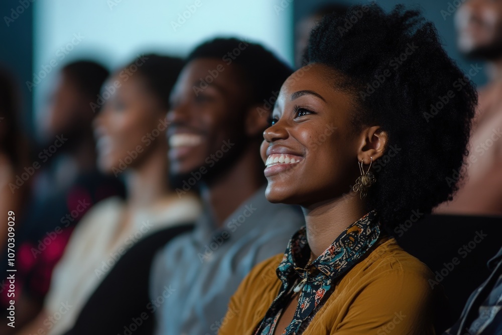 Members of a black audience are smiling broadly during an engaging presentation at a community event. Their expressions reflect enjoyment and interest in the topics being discussed.