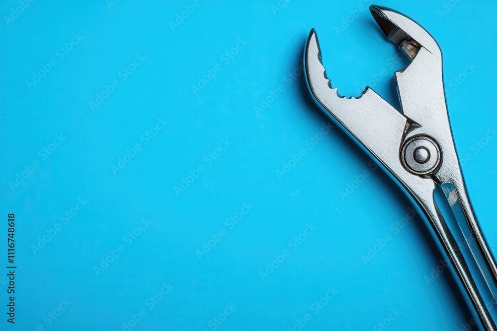 Metallic pliers rest on a vibrant blue surface, highlighting their sleek design and functional features. The tools are arranged to display their gripping mechanism and precision.