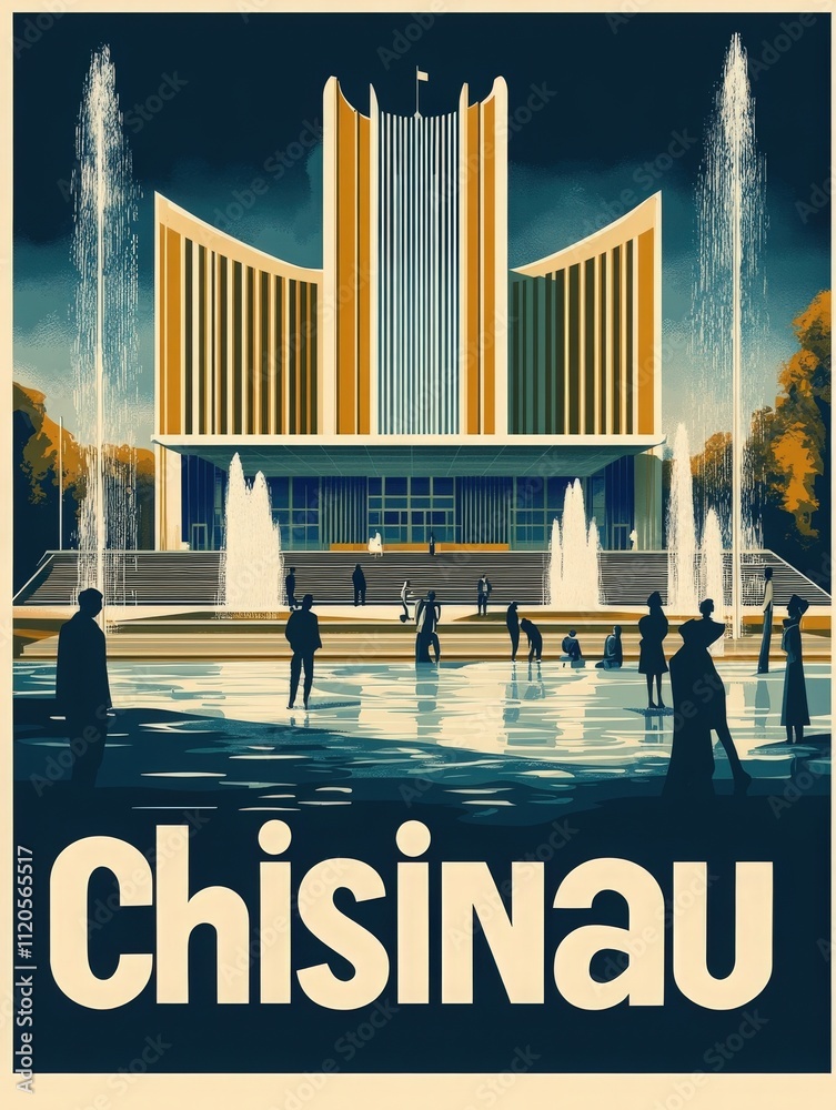 Modern architecture stands tall in Chisinau with vibrant fountains and people gathered around a serene square. Lush trees frame the background under a clear blue sky, creating an inviting atmosphere.