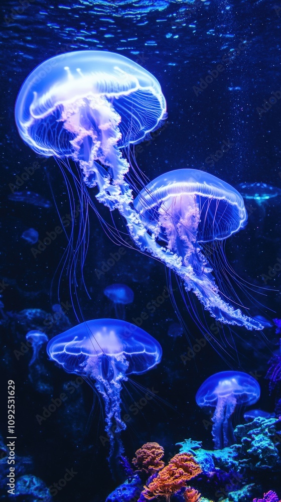 Multiple jellyfish glide through a dark underwater environment, their bioluminescent bodies glowing in blue and purple hues, surrounded by vibrant corals and marine life.
