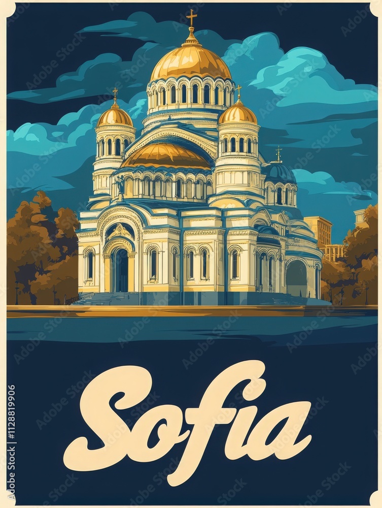 Nestled within the vibrant city of Sofia, this stunning architectural marvel features striking golden domes and intricate details against a scenic backdrop of blue skies and fluffy clouds.