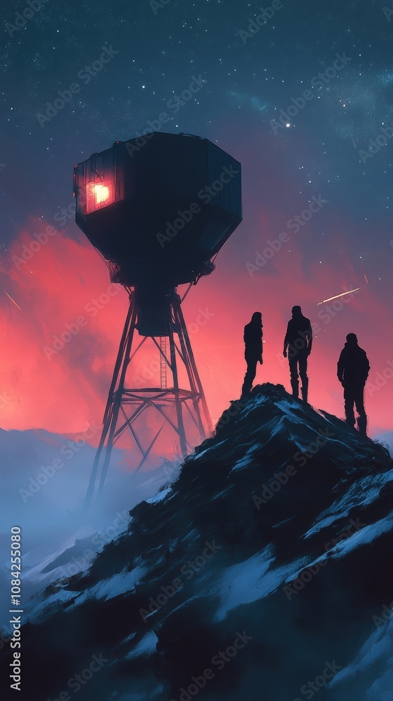 On a remote mountaintop, a group of astronomers stands silhouetted against a glowing telescope. They observe the starlit sky, seeking celestial wonders amidst swirling mist.