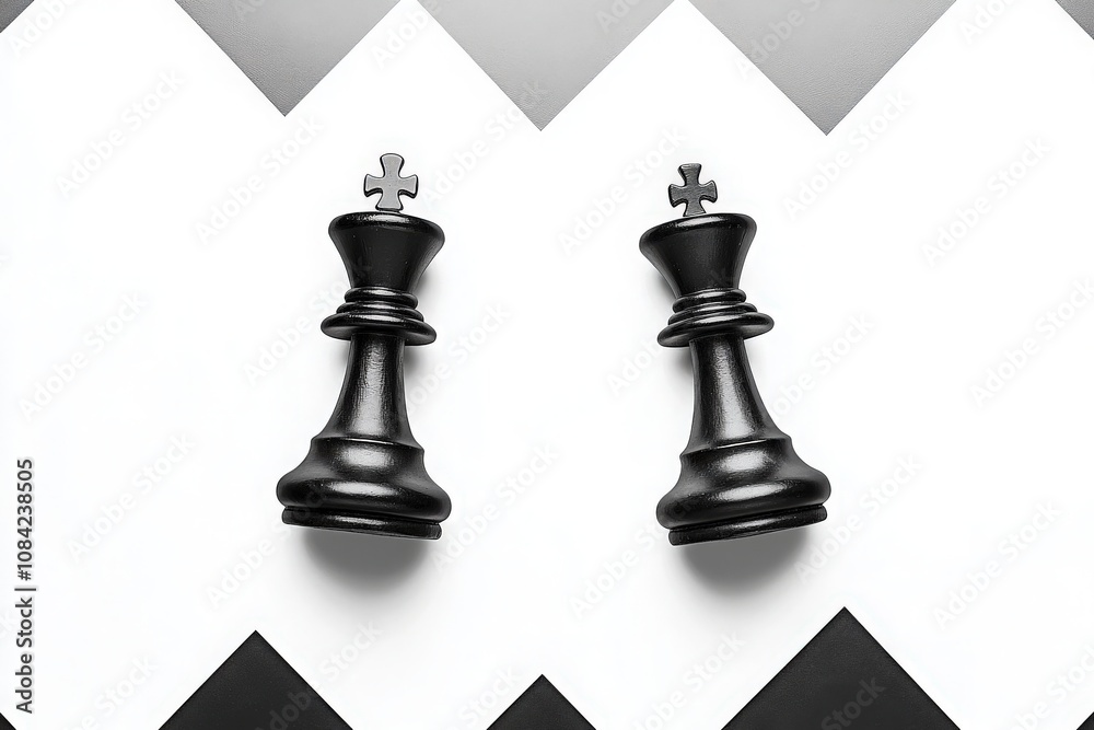 On a stylish chessboard, two black kings rest on their sides, symbolizing an intense game of strategy and tactics. The contrasting colors enhance the moments drama in this elegant environment.