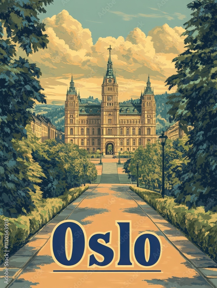 Oslos remarkable structure stands tall amidst lush greenery and an inviting pathway. Visitors admire the detailed architecture as the sun casts a warm glow on the setting.