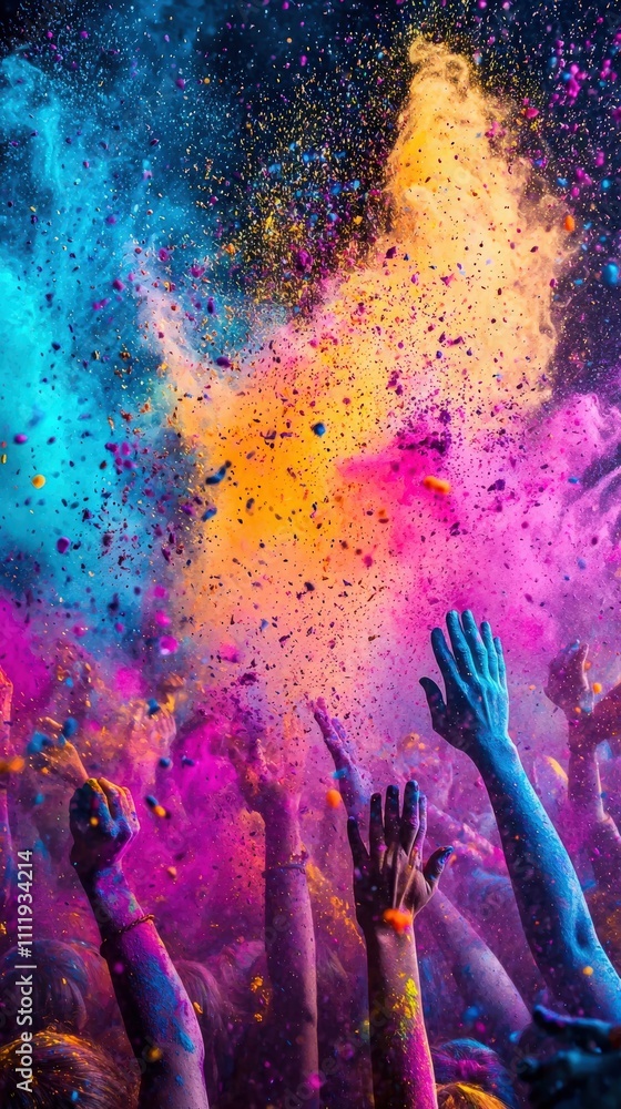 Participants at a lively festival raise their hands, joyfully celebrating as colorful powder explodes in a brilliant display. Blue, yellow, pink, and orange hues create a festive ambiance.