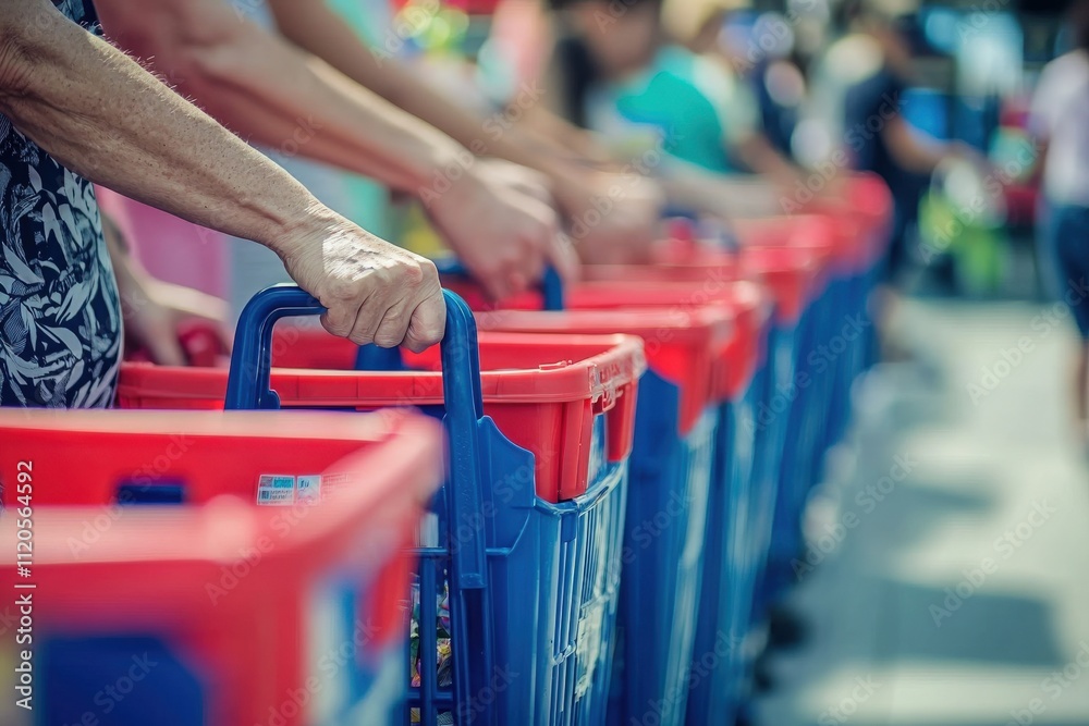 People are lined up holding blue and red shopping carts, indicating a vibrant market atmosphere. The day is bustling with shoppers eager to purchase fresh produce and goods.