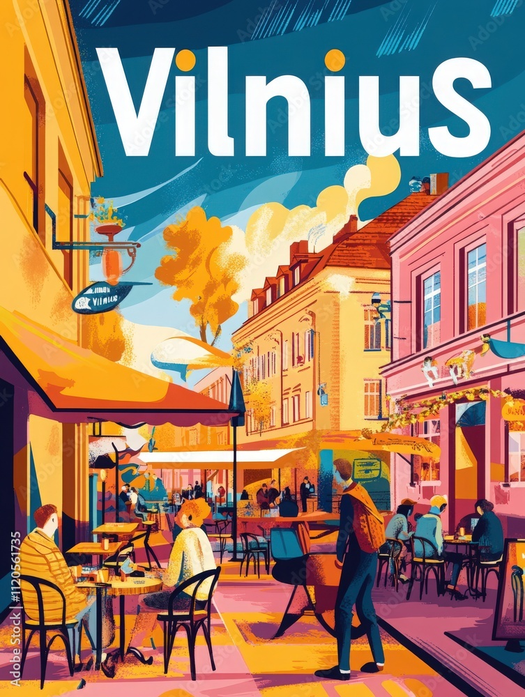People enjoy coffee at outdoor cafes in Vilnius, basking in the warm colors of the sunset. The lively street is lined with charming buildings and a relaxed atmosphere invites conversation.