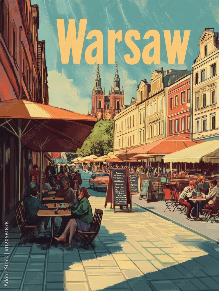 People enjoy leisurely meals at outdoor cafes in Warsaws lively streets, framed by historic architecture and a sunny sky. The scene captures the citys charming atmosphere and social culture.
