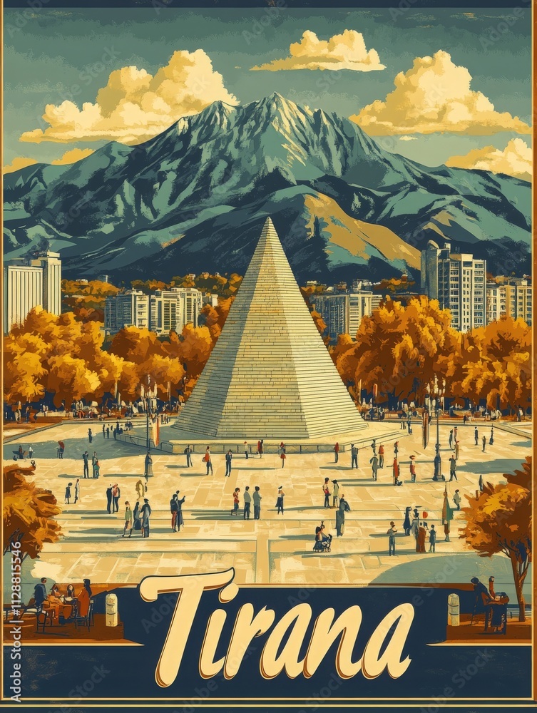 People gather around the Pyramid in Tirana, enjoying the lively atmosphere. Towering mountains provide a stunning backdrop, highlighting the citys blend of nature and urban life.