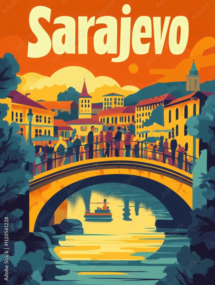 People gather on a bridge to admire the picturesque sunset over the river in Sarajevo. The colorful buildings and serene landscape create a lively atmosphere at dusk.