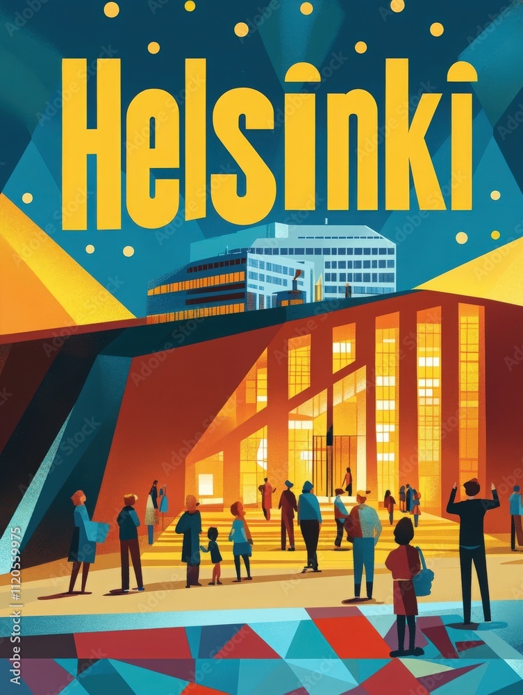 People gather outside a modern building in Helsinki under a starry sky. The vibrant colors and geometric patterns create a lively atmosphere filled with anticipation and excitement.