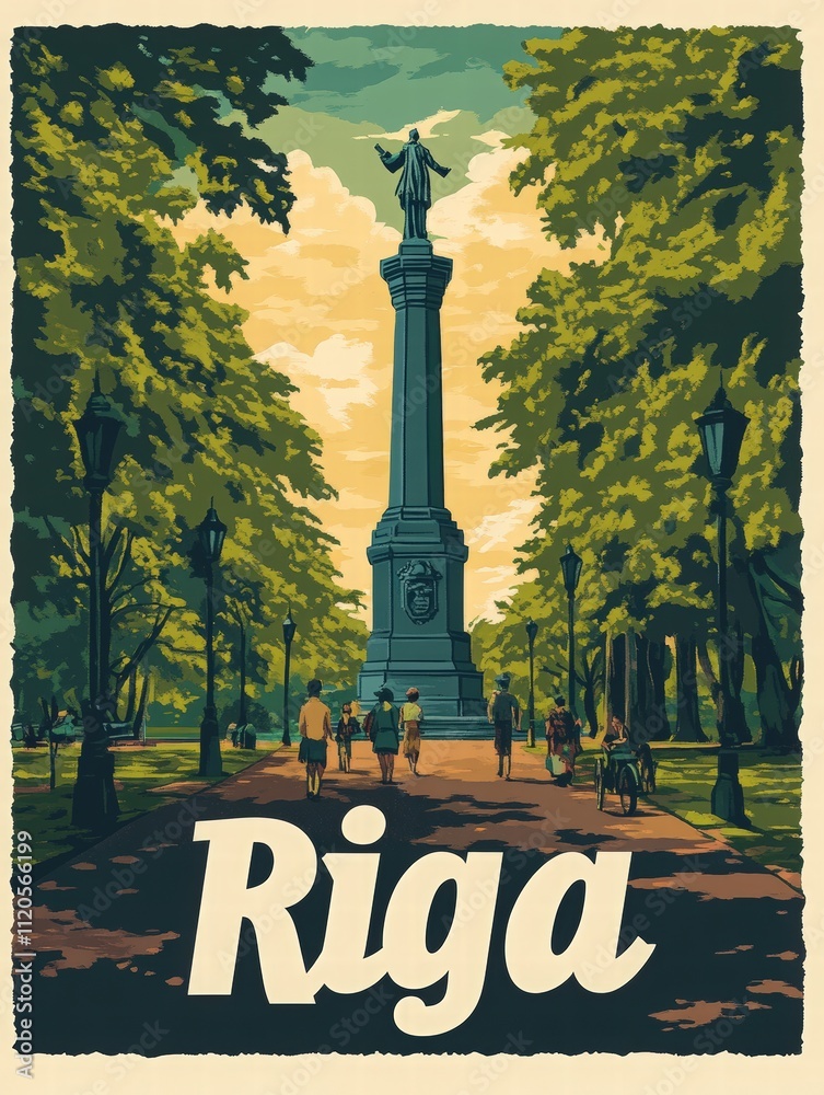 People stroll along a pathway leading to the Freedom Monument in Riga, surrounded by trees and warm sunlight. The vibrant atmosphere invites both locals and tourists to enjoy the park.