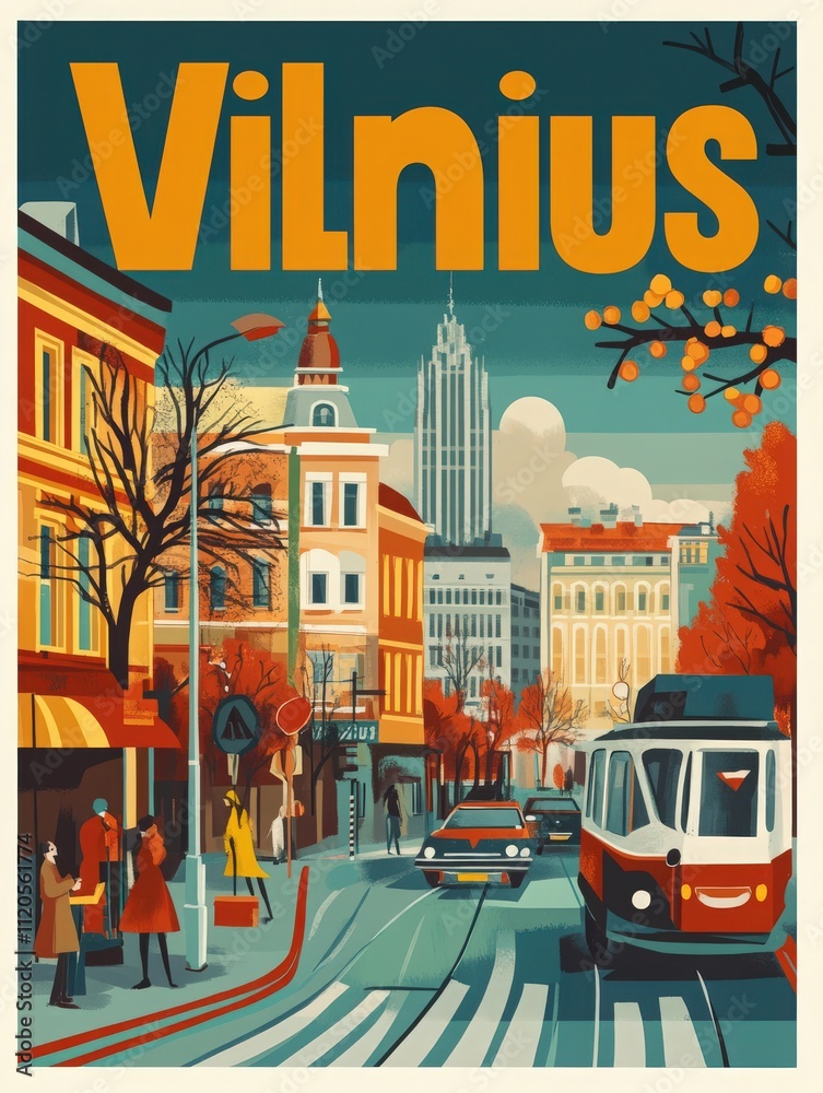 People stroll along tree-lined streets in Vilnius during autumn. A vintage tram moves down the road, surrounded by colorful buildings and bright fall foliage.