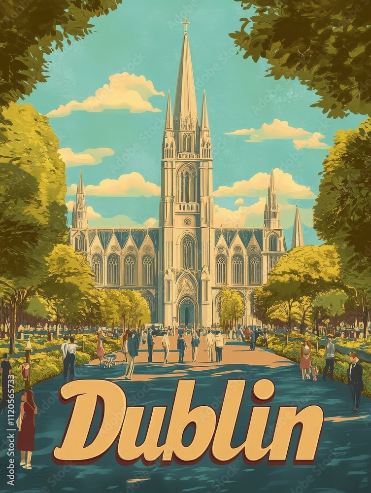 People stroll through the park near St. Patricks Cathedral in Dublin on a bright sunny day. The historic architecture and lush greenery create a vibrant urban scene filled with life.