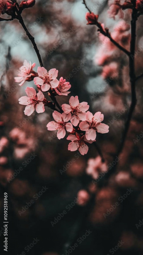 Pink cherry blossoms adorn branches in a serene environment. The soft petals create a beautiful contrast against the blurred background, capturing the essence of springtime tranquility.