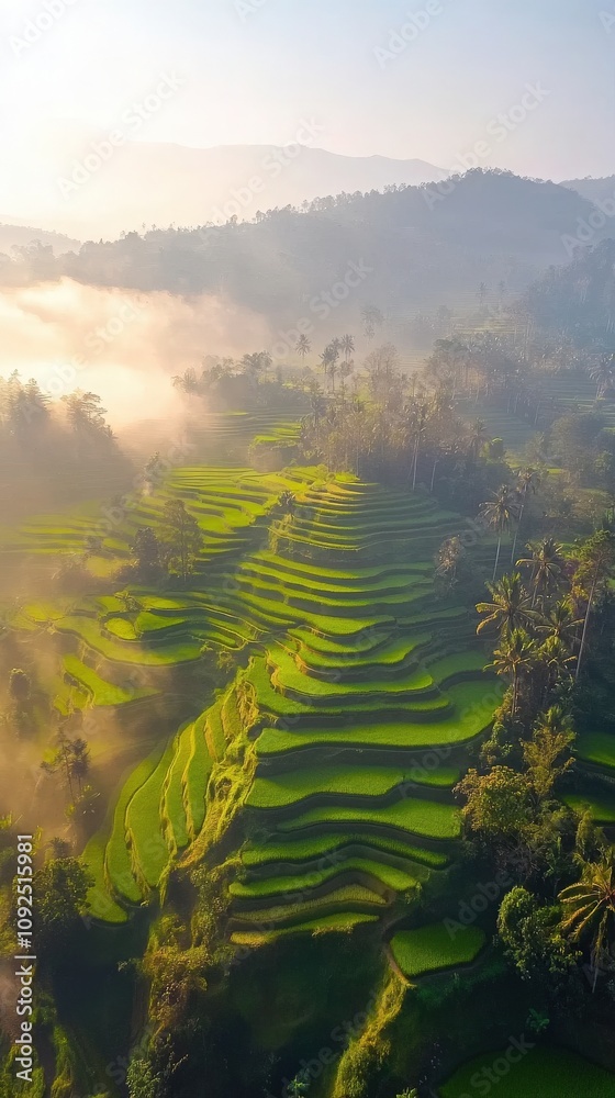 Rice terraces blanket the hills in vibrant green, illuminated by the soft light of dawn. Mist drapes over the valleys, creating a serene and picturesque rural scene.