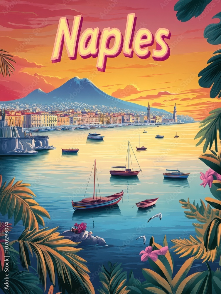 Sailboats dot the tranquil waters of Naples at sunset, framed by lush greenery and the majestic silhouette of Mount Vesuvius. A picturesque escape awaits in this vibrant coastal city.