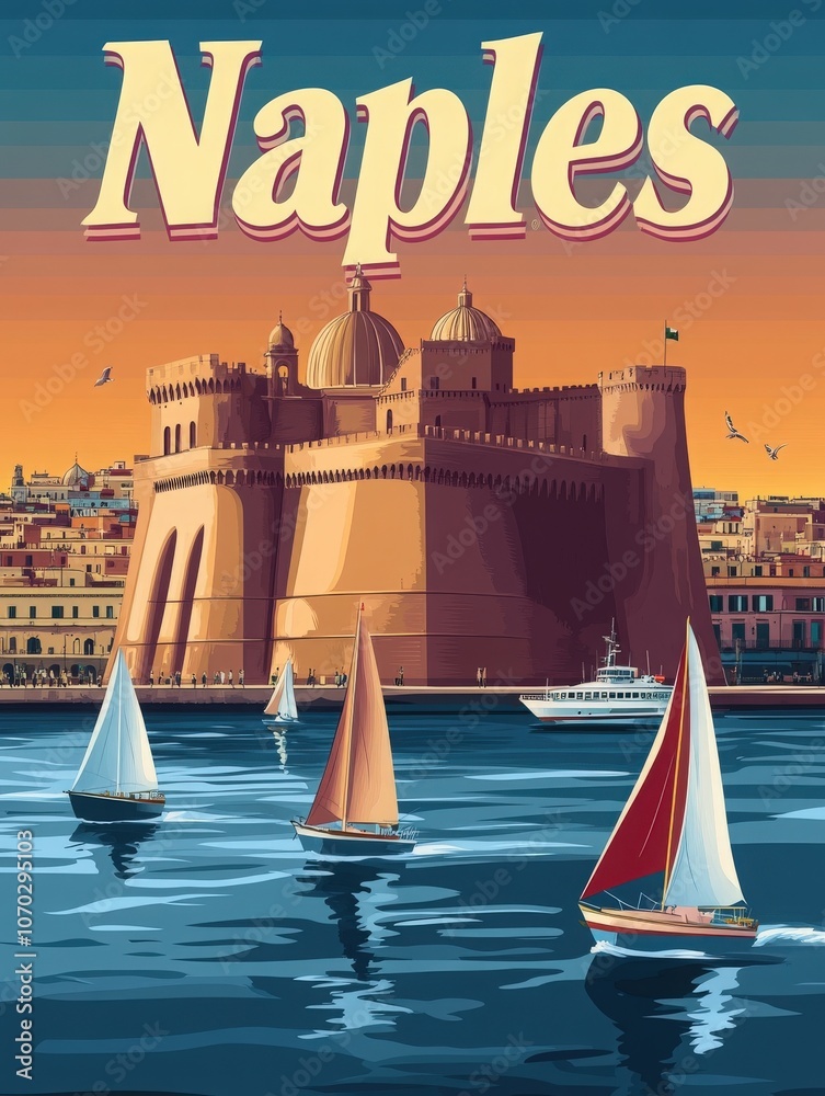 Sailboats glide across the tranquil waters of Naples, showcasing the citys iconic historic castle. The vibrant sunset colors reflect off the water, capturing the allure of this Mediterranean gem.